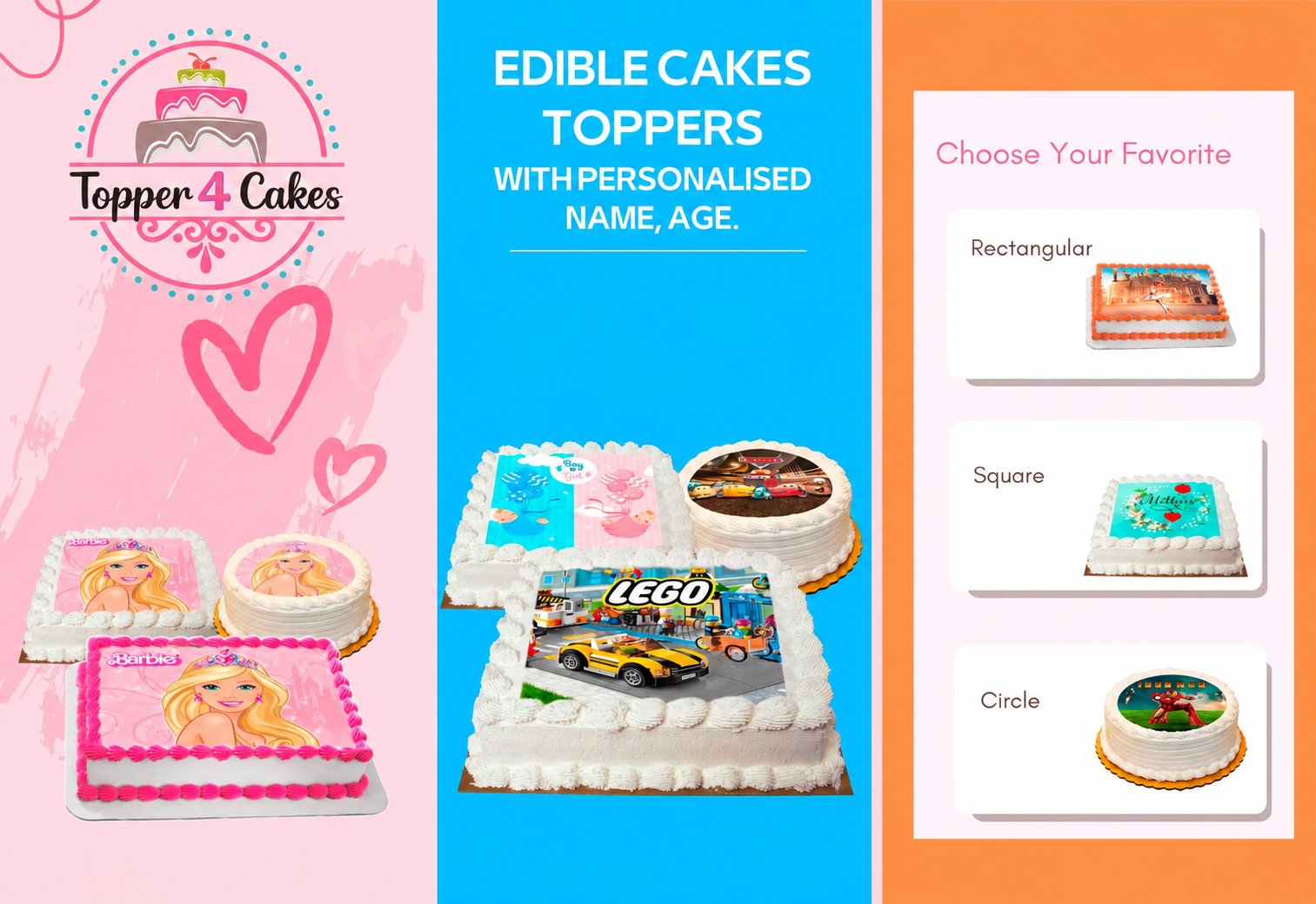 Topper 4 Cakes – edible cake toppers with personalised name and age, available in rectangular, square and circle shapes