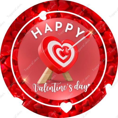 The Edible Valentine's Day Cake Topper is a round, red decoration showcasing a heart design in the center. The phrase "Happy Valentine’s Day" is beautifully inscribed above and below the heart, set against a festive backdrop adorned with scattered red hearts.