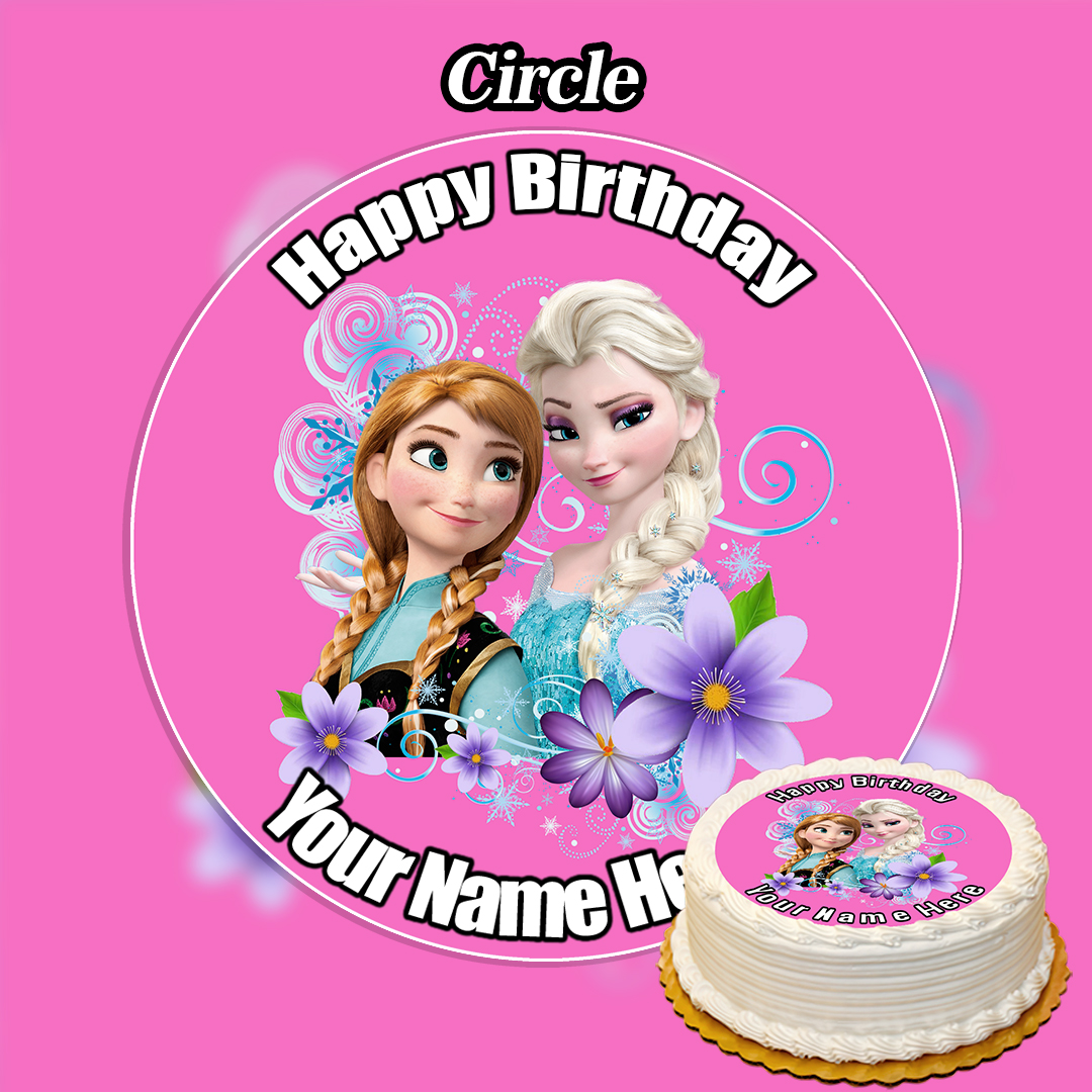 The Edible Pink Frozen Cake Topper features Anna and Elsa, floral accents, and "Happy Birthday Your Name Here." A matching cake with the same design is shown in the foreground.