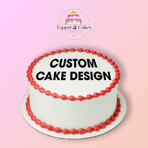 A white cake featuring red icing borders with the text CUSTOM CAKE DESIGN on top is complemented by a logo that reads Topper 4 Cakes set against a pink backdrop. This is ideal for using Edible Drink Toppers at your wedding celebration.