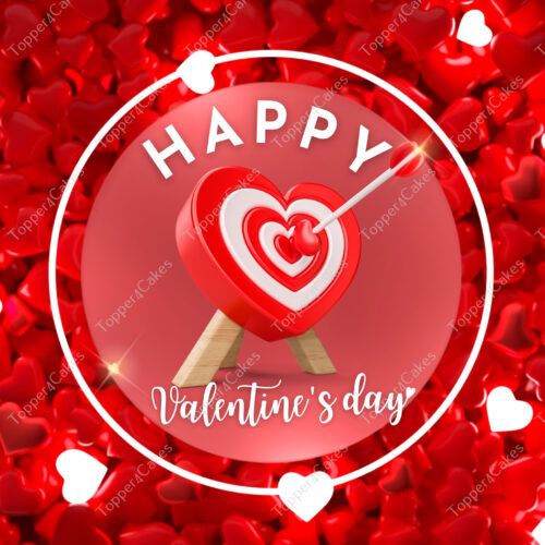 A festive Valentine's Day image features the Edible Valentine's Day Cake Topper, depicting a red heart with an arrow encircled by smaller hearts. The phrase "Happy Valentine's Day" is elegantly presented within a circular frame, against a backdrop of red and white heart shapes.