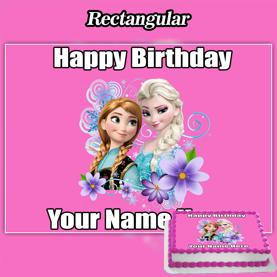 A pink rectangular birthday cake decorated with the Edible Pink Frozen Cake Topper featuring Anna and Elsa, purple flowers, and "Happy Birthday Your Name"; a matching topper is also displayed in the corner.