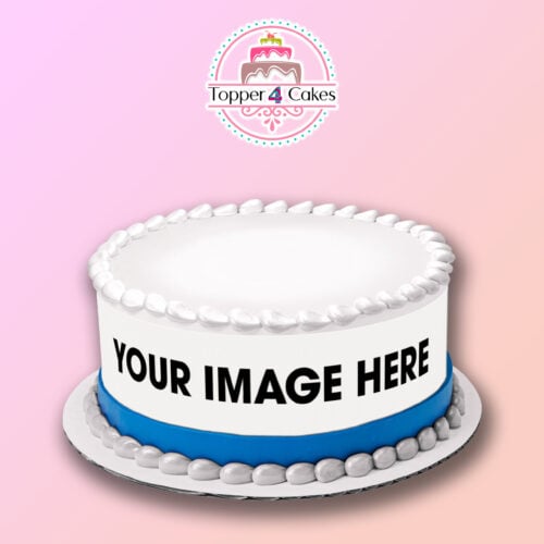 A personalized round cake with a white fondant finish, accented with gray and blue borders, showcases the text YOUR IMAGE HERE along the side. Ideal for special events, it is paired with Edible Drink Toppers. The pink background highlights a Topper 4 Cakes logo above.