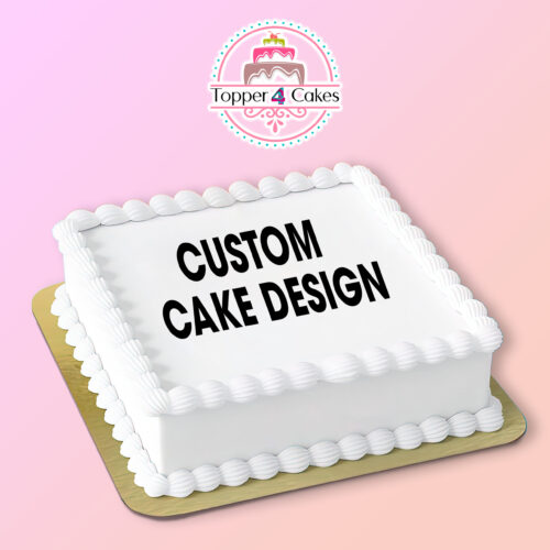 A rectangular white cake, adorned with the phrase "Custom Cake Design" elegantly inscribed on top, displays scalloped frosting edges and sits on a square golden base. The pink gradient background features the Topper 4 Cakes logo above, suggesting delightful options such as their Edible Drink Toppers for weddings.