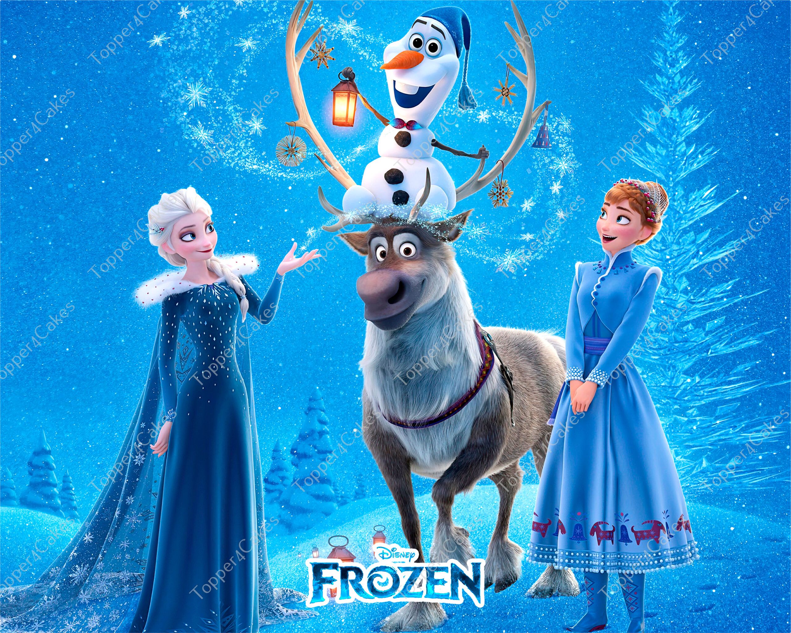 The Edible Frozen Cake Topper features Elsa, Olaf, Sven, and Anna from Disney's Frozen in a charming snowy scene. Olaf perches on Sven's antlers holding a lantern, creating the ideal cake decoration. Elsa uses her hand to direct magic while Anna beams joyfully amid swirling snowflakes that enhance this delightful moment.