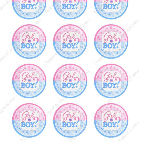 Twelve edible gender reveal cupcake toppers featuring circular stickers with pink and blue "Girl or Boy?" designs, ideal for adding a sweet surprise to your special occasion.