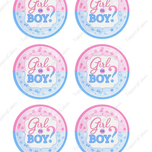 The Edible Gender Reveal Cupcake Toppers come as a set of six circular plates, ideal for adding excitement to your celebration. Each topper displays the phrase "Girl or Boy?" with pink on the top and blue on the bottom. The background is playfully adorned with pink and blue question marks and small dots, enhancing the element of mystery at your event.