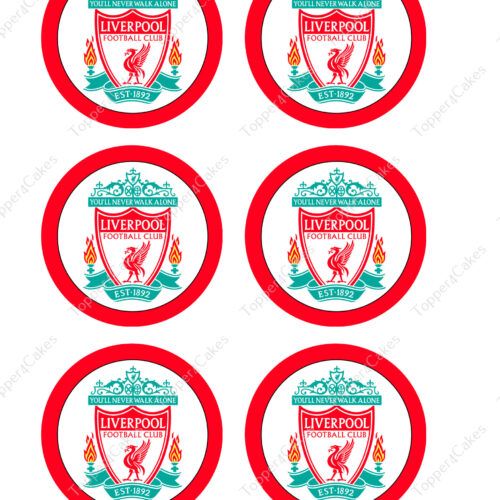 A grid of six Edible Liverpool Cupcake Toppers showcases the iconic circular logos of Liverpool Football Club, ideal for personalized cake decorations. Each topper highlights the club's name, a red liver bird, flames, and the phrase "You'll Never Walk Alone" set against a light background.