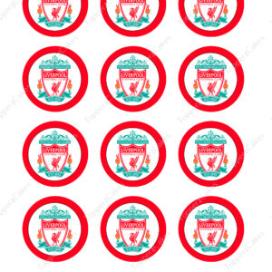 Three rows of circular edible Liverpool cupcake toppers, each featuring the Liverpool Football Club crest, are neatly aligned. These personalised toppers have a red border with the crest showcasing the club name, a liver bird, and an intricate design with "You'll Never Walk Alone" text.