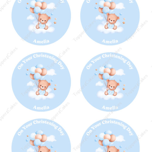 Six round blue stickers featuring a teddy bear holding pink and blue balloons, floating on clouds. The top text reads On Your Christening Day and the bottom text reads Amelia.