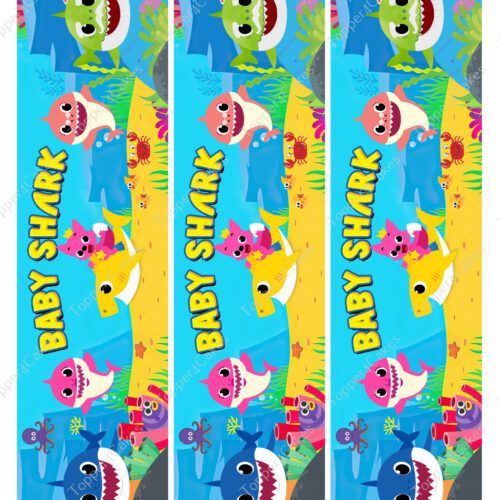 A vibrant depiction showcases cartoon sharks and fish swimming through an ocean scene, prominently featuring the words "Baby Shark." This design, similar to the Edible Baby Shark Ribbon, is repeated three times for a charming effect.