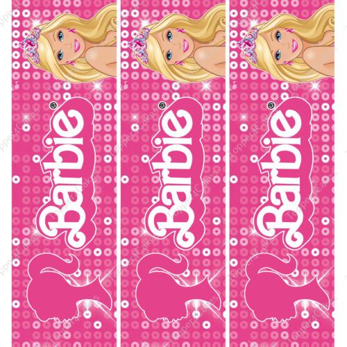 The Edible Barbie Ribbon showcases a vivid pink pattern adorned with a smiling blonde character wearing a silver tiara, accompanied by the word "Barbie" in white. The background features star and dot motifs along with silhouette profiles of the character.