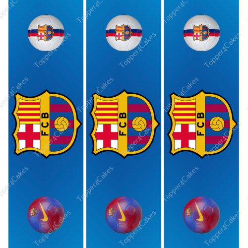 Three vertical blue panels each feature an emblem containing a shield shape, a circle with stripes and a star, along with a red and blue soccer ball elegantly decorated with an Edible Barcelona Ribbon.