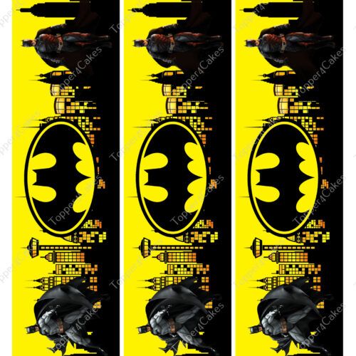 Three identical vertical panels with a yellow and black city skyline, featuring a large Batman logo in the center. Above the logo, a figure in a black suit and cape appears to be flying or jumping across the skyline.