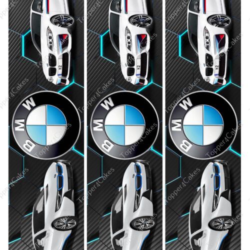 Repeating pattern of a white sports car with a blue and red stripe detail, set against a dark textured background. The BMW logo is prominently displayed in the center of each section.