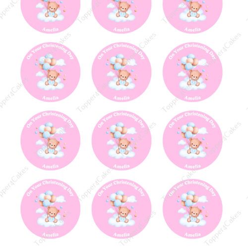 Twelve pink circular stickers with teddy bears holding balloons. The text reads On Your Christening Day and Amelia. The background features clouds.
