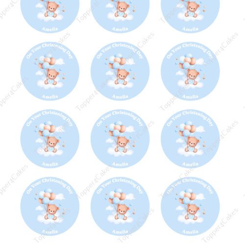 Fourteen circular labels with a teddy bear flying with balloons on a blue background. Text reads On Your Christening Day with Amelia beneath. The design repeats across all labels.