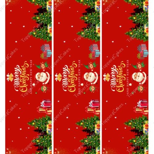 The Edible Barcelona Ribbon is a festive ribbon featuring decorated Christmas trees, gifts, Santa Claus, and a snowy scene with stars. It gracefully weaves through the design to convey joyful wishes of "Merry Christmas and Happy New Year.