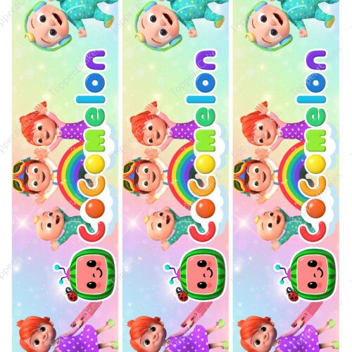 Bright and colorful bookmarks showcase cartoon characters from CoComelon, complete with joyful smiles and playful poses against a starry rainbow backdrop. Each bookmark prominently features the CoComelon logo, capturing the whimsical essence of the vibrant Edible Cocomelon Ribbon.