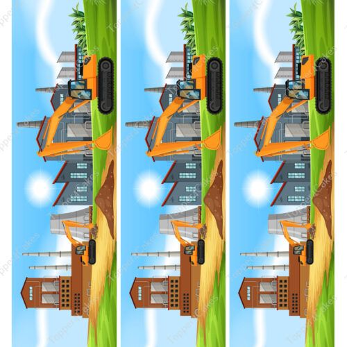 Illustration of a construction site repeated three times vertically. Features include an excavator, buildings, cranes, green grass, and a clear blue sky with the sun shining.