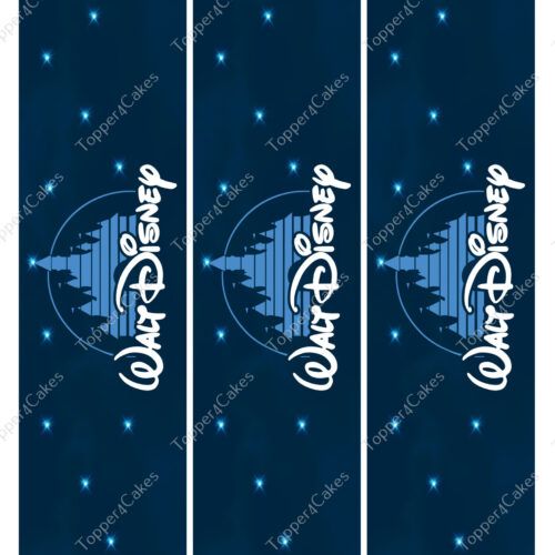 Three vertical, dark blue strips each feature the white Disney logo with a castle silhouette, surrounded by small, glowing stars. The background has a subtle, cloudy texture. Each strip is identical.