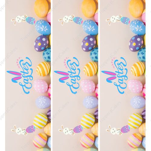 The Edible Barcelona Ribbon features colorful Easter eggs, tastefully decorated with intricate patterns, against a light background. Near the eggs, an adorable rabbit illustration adds charm. The product name "Joyful" gleams in stylized blue text above the display, bringing it all together like a festive ribbon.
