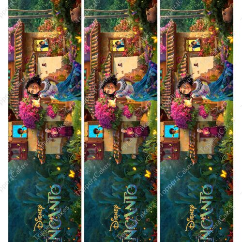 Mirabel from Disneys Encanto stands in a vibrant garden with colorful flowers and a village house in the background. She holds a glowing yellow butterfly, and the text Disney Encanto appears at the bottom. The image is repeated three times.