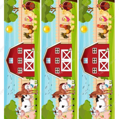 The vibrant charm of an Edible Barcelona Ribbon is brought to life with an illustrated farm scene that unfolds three times featuring a red barn, cows, chickens, a pig, and trees under a sunny sky. Birds soar overhead as clouds drift by in this delightful depiction of nature's landscape.