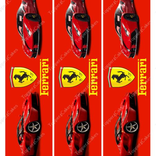 Four identical narrow red banners featuring a red sports car with the Ferrari logo and text. The car is shown in three angles: front, side, and rear.