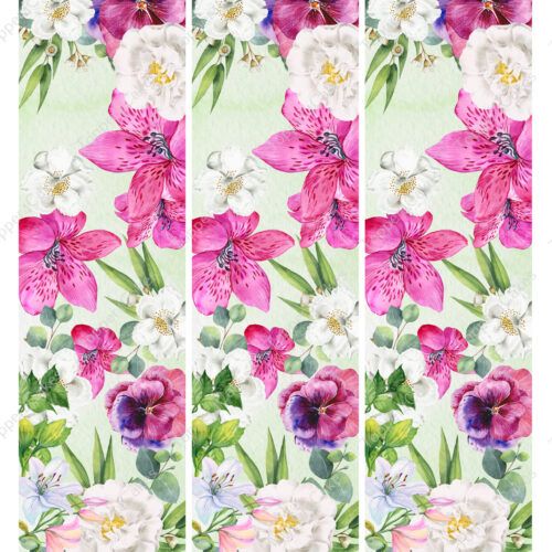 The Edible Barcelona Ribbon design showcases a vertical floral pattern with three identical columns. Each column contains vibrant pink lilies, white roses, purple pansies, and delicate green leaves set against a soft green background. The flowers are intricately detailed and bursting with color.