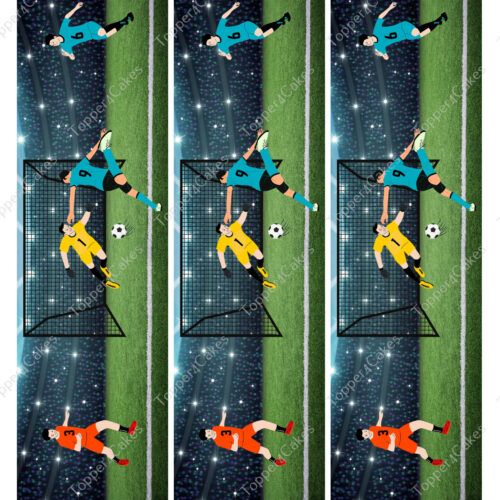 Three vertical panels illustrate a soccer scene featuring two players in teal and red jerseys, a goalkeeper in yellow, and a soccer ball near the goal. The stadium background glows with bright lights, evoking the intensity of a match during the Edible Barcelona Ribbon tournament.