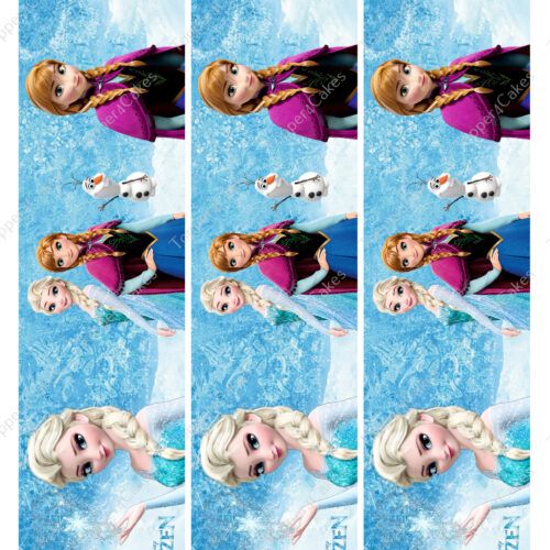 The Edible Frozen Ribbon showcases characters from the animated film Frozen in a repeated pattern set against a blue snowy background. It features two women dressed in winter outfits standing with a small snowman, with the top and bottom halves of the image mirrored.