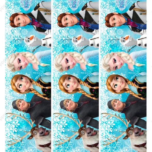 The Edible Frozen Ribbon includes three identical vertical strips showcasing characters Elsa, Anna, Olaf, Kristoff, and Sven against a snowy blue background adorned with snowflakes. The top of each strip is embellished with the Frozen logo.