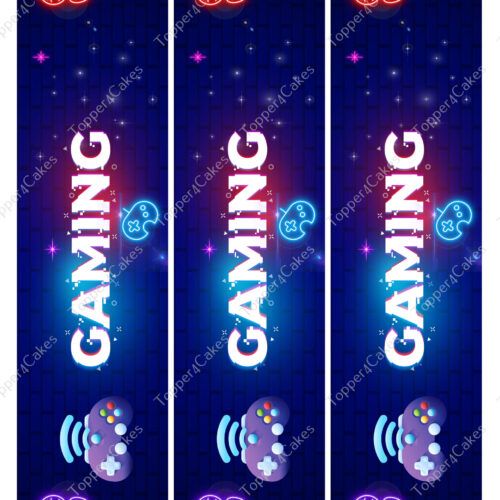 Three vertical rectangular designs featuring the word "GAMING" in bold white text against a background that resembles a dark blue brick pattern. The design is adorned with neon images of game controllers, a UFO, and stars, topped with red pixelated hearts that evoke the vibrant flair of an Edible Barcelona Ribbon.