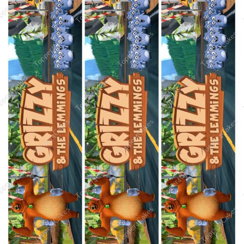 The image captures a lively scene reminiscent of an artistic ribbon, featuring a poster for Grizzy & the Lemmings where an animated bear with a ranger hat is joined by blue lemming characters against a backdrop of forest and ranger station. The design creatively repeats vertically three times, much like the "Edible Barcelona Ribbon.