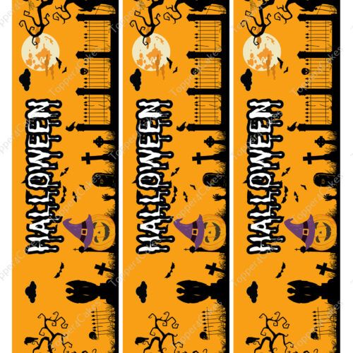 The Edible Barcelona Ribbon showcases a Halloween-themed triptych design featuring pumpkins, bats, a witch's hat, and gravestones set against an orange background. A full moon, spooky trees, and an edible twist intensify the eerie vibe. The word HALLOWEEN is prominently displayed in bold white lettering, creating a delightfully spooky visual treat.