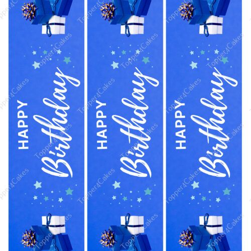 Three Edible Barcelona Ribbon birthday banners in blue, featuring "Happy Birthday" in white, decorated with stars, dots, and tiny edible gift boxes topped with delightful bows.