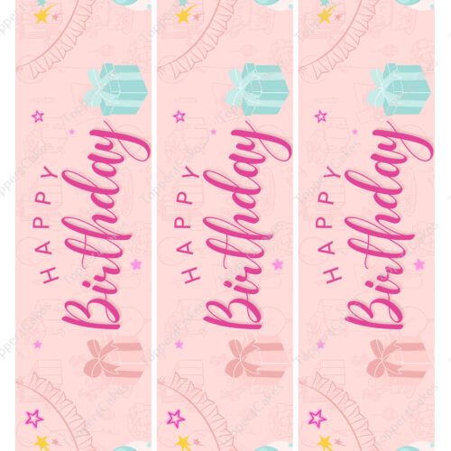 Three vertical pink banners display the words "Happy Birthday" in a cursive font, decorated with pastel-colored gift boxes and balloons. Each banner is elegantly embellished with an Edible Barcelona Ribbon, enhancing the festive charm.