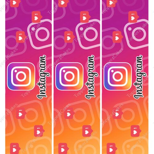 Three vertical banners featuring the Instagram logo and name. The background has a gradient of purple, pink, and orange with heart and notification icons scattered throughout.