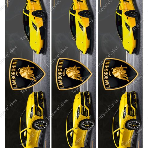 Three vertical, identical panels feature a yellow Lamborghini sports car, above a large Lamborghini logo with a black and gold bull. The background is dark, emphasizing the bold colors of the car and logo.