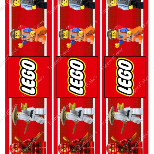 Three identical labels in red and white, adorned with LEGO minifigure images representing police, construction, and ninja themes, evoke the vibrant essence of a colorful ribbon. Each label prominently features the iconic LEGO logo, infusing a sense of playful charm akin to the spirited creativity found in Edible Barcelona Ribbon.