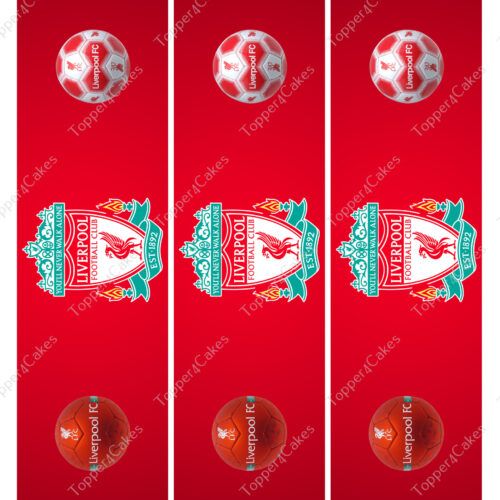 The Edible Barcelona Ribbon showcases three red panels embellished with the Liverpool FC logo, accented by green and white details. Each panel highlights an edible football decorated with the Liverpool FC text, achieving a Barcelona-inspired style. The logos and footballs are evenly spaced along the vertical axis.