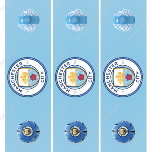 The Edible Barcelona Ribbon features three vertical strips with the Manchester City logo in blue and white on a light blue background. Each strip is creatively adorned with footballs above and below the logo, displaying artistic patterns that appear almost good enough to eat.