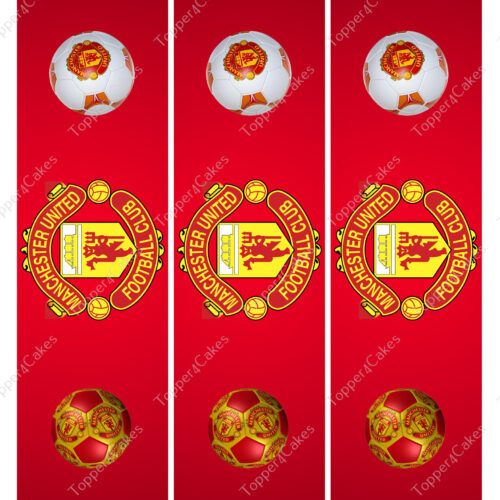 The product consists of three vertical red panels adorned with the Manchester United logo, accompanied by a subtle touch from the Edible Barcelona Ribbon. Each panel showcases a white soccer ball with the team's emblem on top and a golden ball at the bottom. There's also a diagonal watermark from TopperCakes.