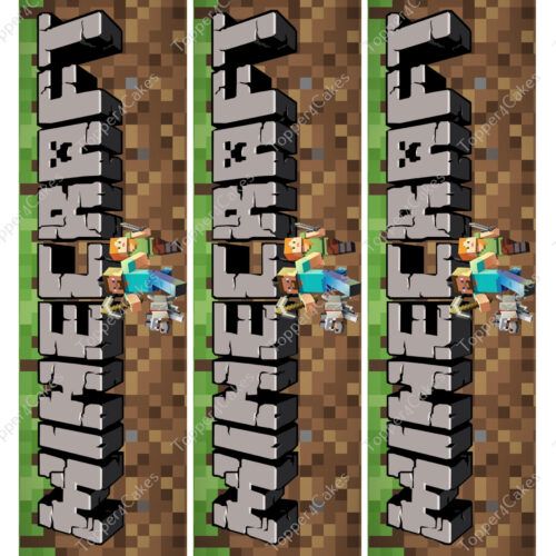 Vertical image of three identical sections showcasing Minecraft in blocky letters, resembling an Edible Minecraft Ribbon. Blocky game characters appear behind the text on a terrain-like pixelated background.