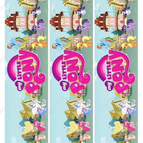 Repeated vertical pattern of a colorful scene with cartoon ponies, including a purple unicorn and pink pony, in a fantasy town with decorative buildings. The logo My Little Pony is prominently displayed in pink lettering.
