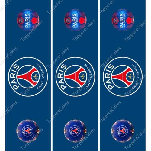 A blue background features three vertical stripes, each adorned with a Paris Saint-Germain logo that includes the iconic red and blue shield, Eiffel Tower, and soccer ball. The word PARIS is above the shield, while an Edible Barcelona Ribbon weaves through the design, adding a delightful twist.