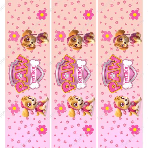 A pink bookmark design featuring Skye from PAW Patrol. The background is decorated with pink flowers and paw prints. Skye is depicted multiple times, smiling and wearing her aviator goggles and uniform.