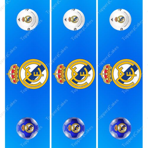 The Edible Barcelona Ribbon features vertical strips with a blue gradient background, adorned with soccer balls and a prominent yellow and white logo crowned at the top. Its sophisticated design makes it ideal for sports-themed creations.