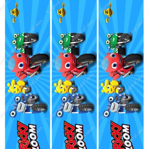 Three identical panels feature vibrant cartoon motorcycles: a red one in front, flanked by a green, yellow, and blue motorcycle. Floating robot companions hover above. The text Ricky Zoom is displayed at the bottom on a blue background.